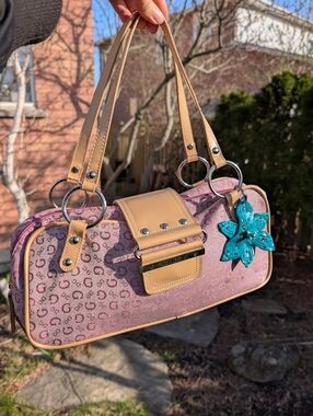 Vintage GUESS Pink Logo-Print Shoulder Bag with Tan Trim